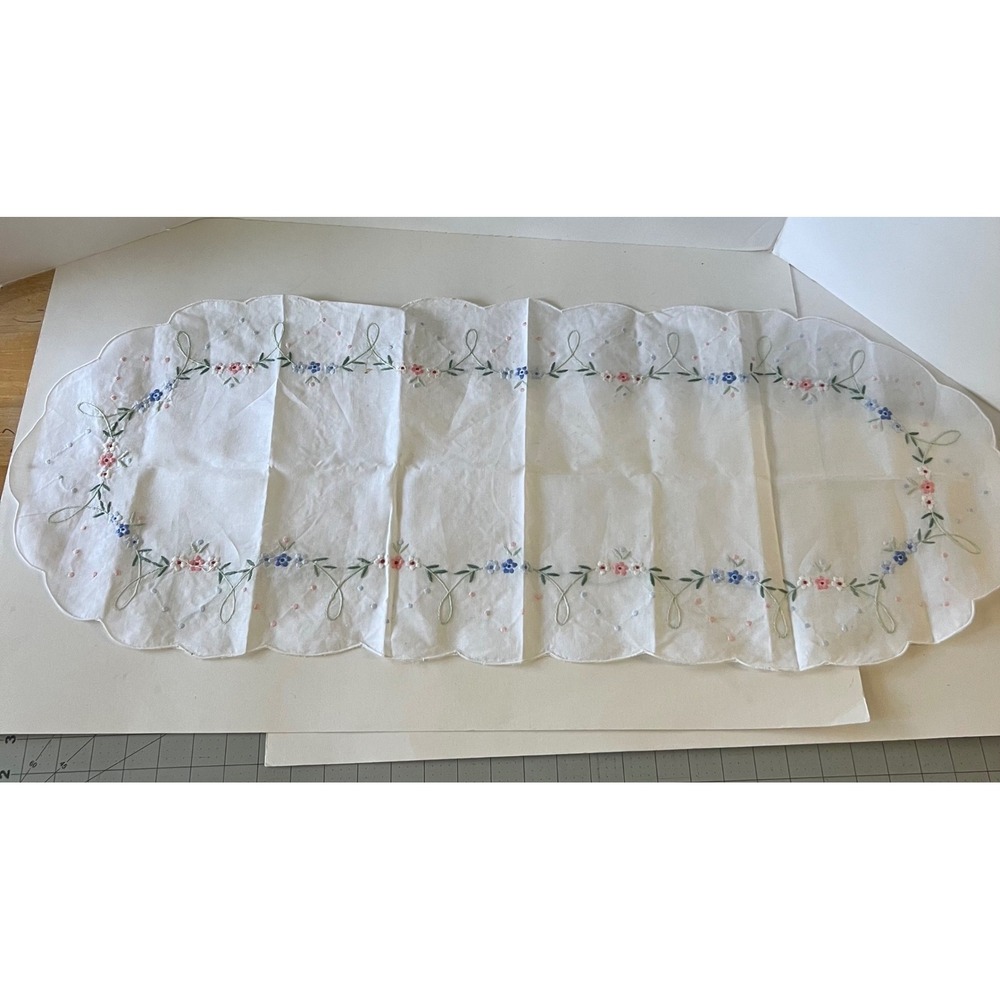 Vintage Hand Embroidered Table Runner Pastel Floral White Spots